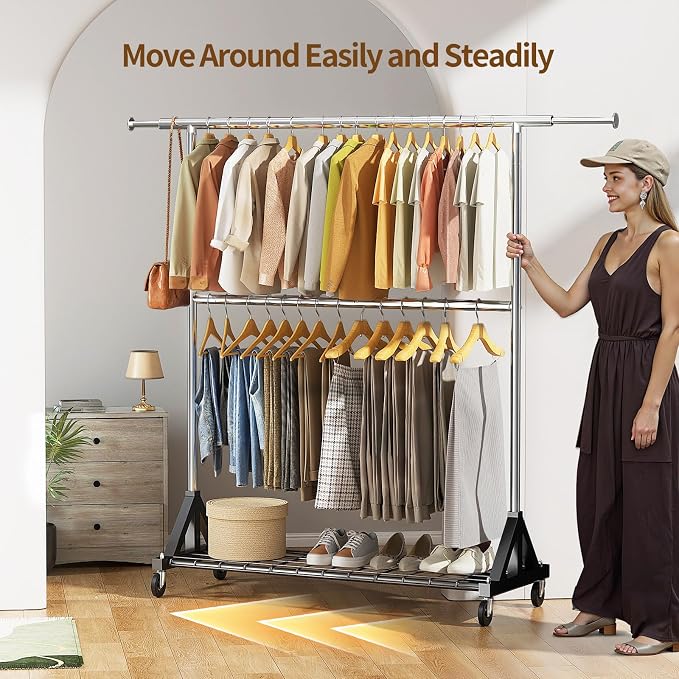 Luxspire Heavy Duty Clothes Rack Load 600 LBS, Double Rod Clothing Rack, Rolling Garment Racks with Lockable Wheels, Shelves, Adjustable Laundry Hanging Racks for Clothes