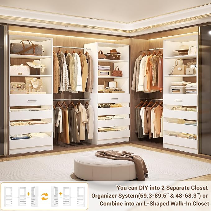 Aheaplus Closet System with 12 Drawers, 8.5-11.5Ft Wood Closet Organizer | White Closet Storage with 4 Hanging Rods & 3 Towers, 4Ft & 6Ft L-Shaped Walk-in Closets Wardrobe Organizer, Set of 3
