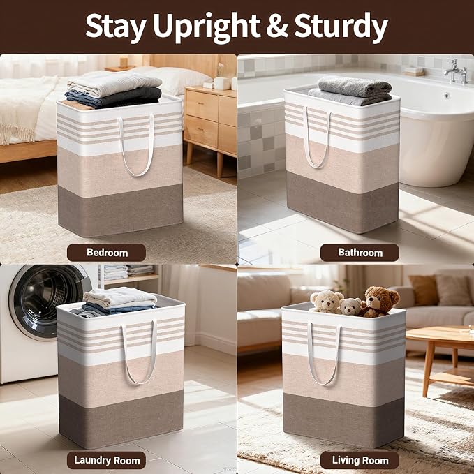 WOWBOX 2 Pack Laundry Baskets, Collapsible Dirty Clothes Laundry Hampers | with Reinforced Handles, Waterproof Coating, 2 Pack for Clean & Dirty Clothes, for Bedroom, Bathroom, Dorm (100L Khaki)