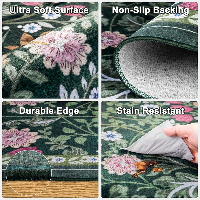 PLHXFR 6x9 Area Rug Living Room: Floral Washable Boho Carpet Dark Green | For Bedroom Dining Room Farmhouse Nursery Hallway,Vintage Floral,Machine washable,Non Slip,Stain Resistant,Large Indoor