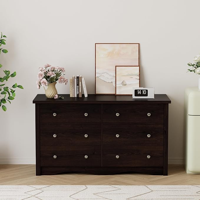 Shahoo Dresser for Bedroom with 6 Drawers, 47.2" Wood Dresser, Brown | Chests of Drawers, Anti-tip, Storage Organizer, TV Stand for Living Room, Closet, Hallway, Dormitory