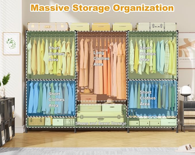 ULIFHOME E14C Max Heavy Duty Closet Organizer System，Freestanding Clothing Racks for Hanging Clothes，Adjustable Garment Rack 86" W × 16" D × 77" H Hold 1060 lbs，Black Rack with Black Cover
