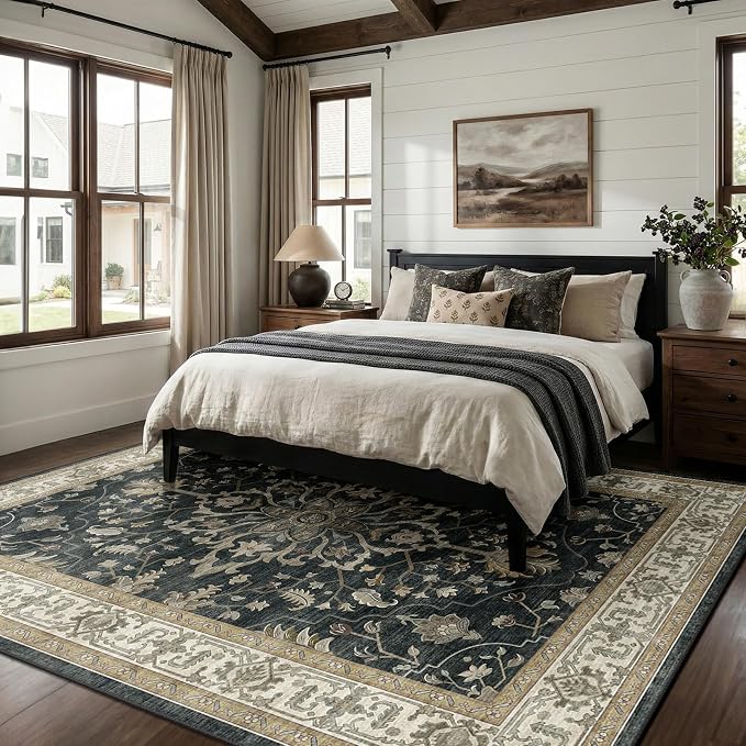 RELEANY Washable Area Rug, 8'x10', Black/Vintage/Beige | Non-Slip, Water Repellent, Pet Friendly, Easy to Clean, Vintage Floral Boho Decor for Living Room Bedroom Dining Room