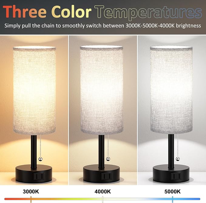 Grey Bedside Table Lamps Set of 2 - Bedroom Lamp for Desk, AC Outlet | 3CCT(3000K/4000K/5000K), LED Bulbs Included, Grey Fabric Lampshade, 14in Small Lamp for Nightstand, Guest Room, Living Room
