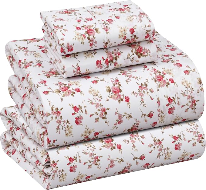 RUVANTI 100% Cotton Percale Sheets Queen Size, Bouquet | Crisp Cooling, Deep Pocket 16", Soft Breathable & Durable, Hotel-Style, 4 Piece Set