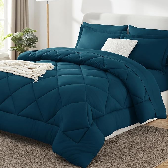 Full Size Comforter Sets Lyons Blue - 7 Pieces Complete Bedding Set | OEKO-TEX Certified, All Season, 240GSM Down-Alternative Comforter, Sheets, Pillowcases & Shams, 14" Deep Pocket, Easy Care