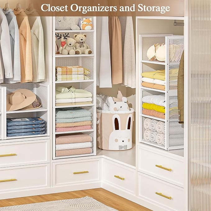 2-Tier Stackable Closet Organizers and Storage Basket, Wire Clothes Shelf Organizer Bins, Sweater Storage for Wardrobe Cupboard, Multifunctional Cube Storage Box for Kitchen Bath Laundry Room, White