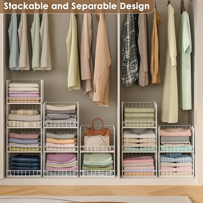 4-Tier Stackable Closet Organizers and Storage Baskets, Closet Shelf Organizer, Space-Saving Clothes Storage Drawer, Foldable Clothes Storage Bins for Closet Organizer System, White(Patent 30022416)