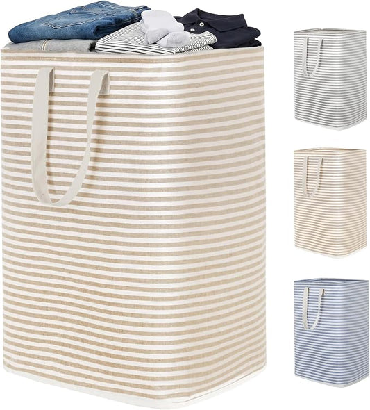 efluky Slim Laundry Basket, Narrow Laundry Hamper with Handles, Collapsible Dirty Clothes Hamper, Tall Laundry Bin for Laundry Room, Dorm and Bedroom, 80L, Striped Brown