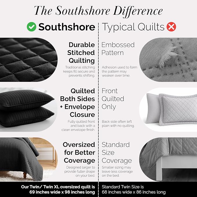 Southshore Fine Living, Inc. Twin XL Quilt Bedding Set, Dorm Room Bedding Essentials, Stain Resistant, Machine Washable Bedspread, XL Twin Black Quilt Bedspread Set with Pillow Sham, Black Quilts