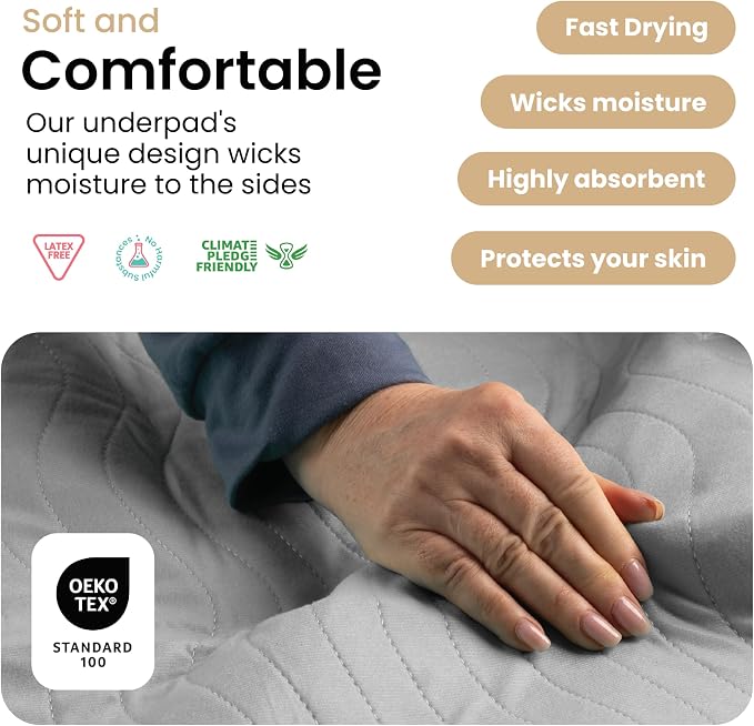IMPROVIA® Washable Underpads 34" x 52" Pack of 2 Heavy Absorbency Reusable Bedwetting Incontinence Pads for Adults, Kids, & Pets - Waterproof Protective Pad for Bed, Couch, Sofa, Floor (Gray & White)