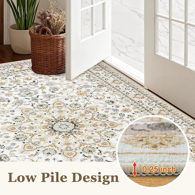 Round Area Rug for Living Room: 4ft Washable Rug for Bedroom Beige | Vintage Boho Soft Round Rug Indoor Floor No Slip Carpet Stain Resistant Rugs for Bedroom Dining Room Nursery Home Office
