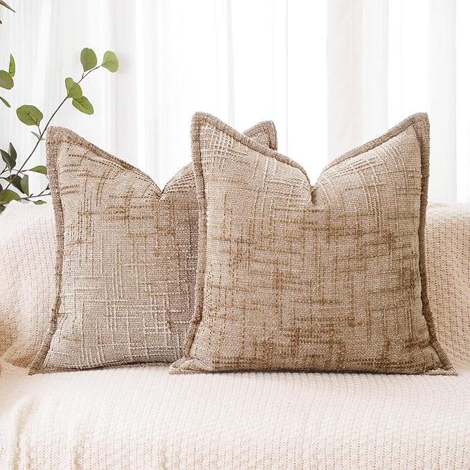 HPUK Chenille Throw Pillow Covers 18x18 Inch, Soft Woven Texture, Set of 2 | Plush woven texture, invisible zipper, couch sofa bed bedroom living room decor, square cushion covers, inserts not included