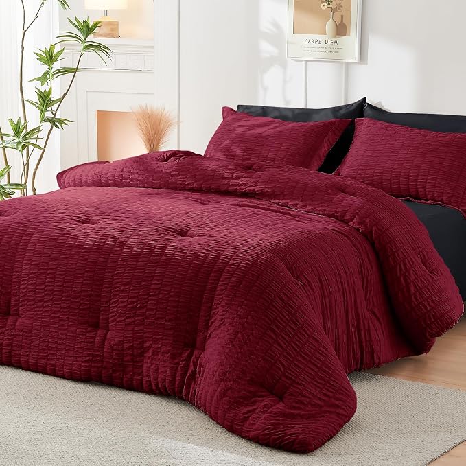 HYMOKEGE Red & Black Queen Comforter Set Seersucker 7 Pieces, All Season Luxury Bed in a Bag for Bedroom, Bedding Set with Comforters, Sheets, Pillowcases & Shams
