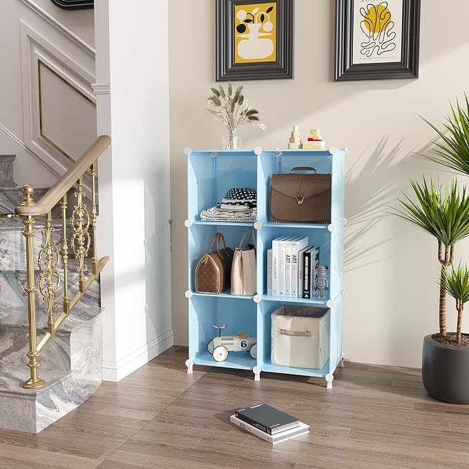 AWTATOS Cube Storage Organizer, Closet Organizers, 6 Cube Shelf, Blue | Portable Closet Storage Shelves, DIY Stackable Storage Cubes Bookshelf, Plastic Clothes Organizer Shelving for Bedroom, Home