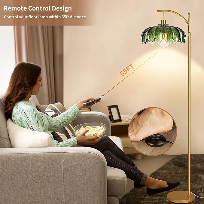 ZECOXOL Gold Floor Lamps for Living Room Vintage Green Floor Lamp with Remote Control & Glass Lampshape,Dimmable Mid Century Modern Standing Lamp Tall Flower Lamp Brass Floor lamp for Bedroom Corner