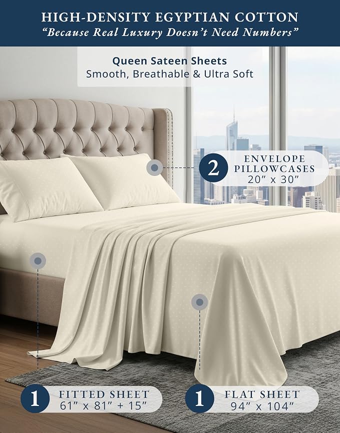 LANE LINEN Sateen Sheets Queen Size 100% Egyptian Cotton Sateen - Ivory | Egyptian Cotton Queen Sheets - 4-Piece Set, For A Luxurious Night's Sleep, For Guests And Everyday Use, Luxe Sheen