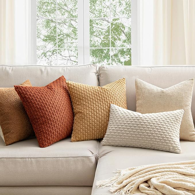 MIULEE Fall Decorative Throw Pillow Covers 26x26 Rust Textured Corduroy | Terracotta Pack of 2 Striped Pillow Covers Modern Farmhouse Autumn Home Decor for Couch Bed Sofa Living Room