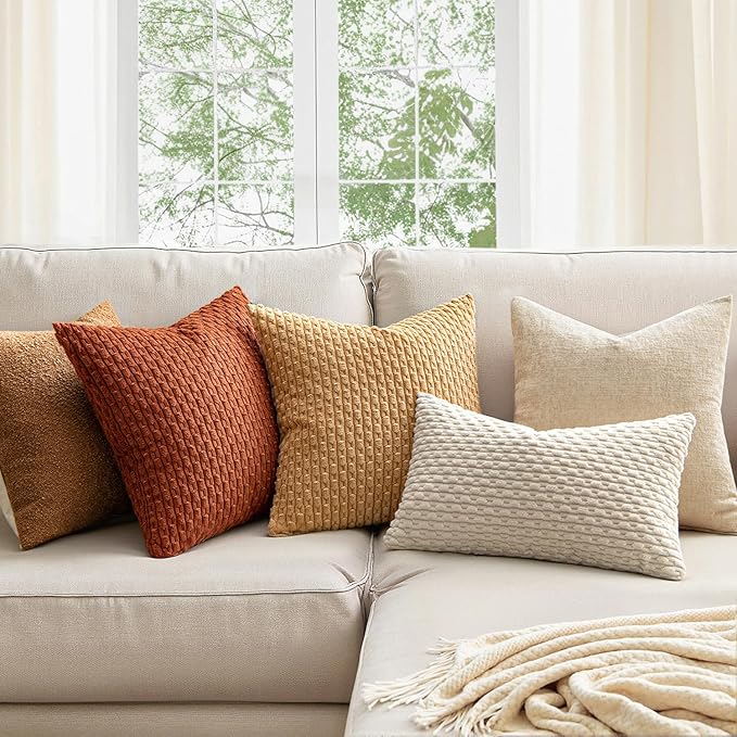 MIULEE Lumbar Fall Decorative Throw Pillow Covers 12x20 Rust Corduroy | Terracotta Textured Striped Pack of 2 Striped Pillow Covers Modern Farmhouse Autumn Home Decor for Couch Bed Sofa Living Room