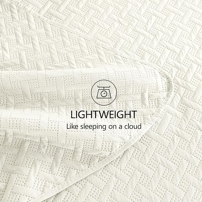 FLYMME Quilts King Size,Lightweight Cream Bedspreads,Basket Weave Pattern,Ultra Soft Microfiber Bed Coverlet 3 Pieces for All-Seasons (1 Quilt,2 Pillow Shams)