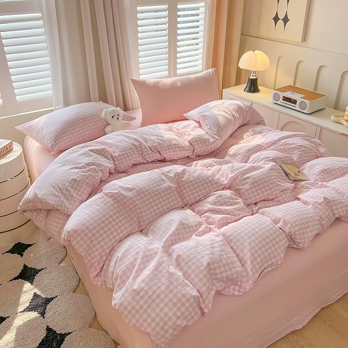 LifeTB Pink Gingham Comforter Set Twin XL Aesthetic Pink White Plaid Checkered Comforter Set 3 Pieces Grid Bedding Comforter with 2 Pillowcases Soft Lightweight Gingham Bedding Set Twin XL