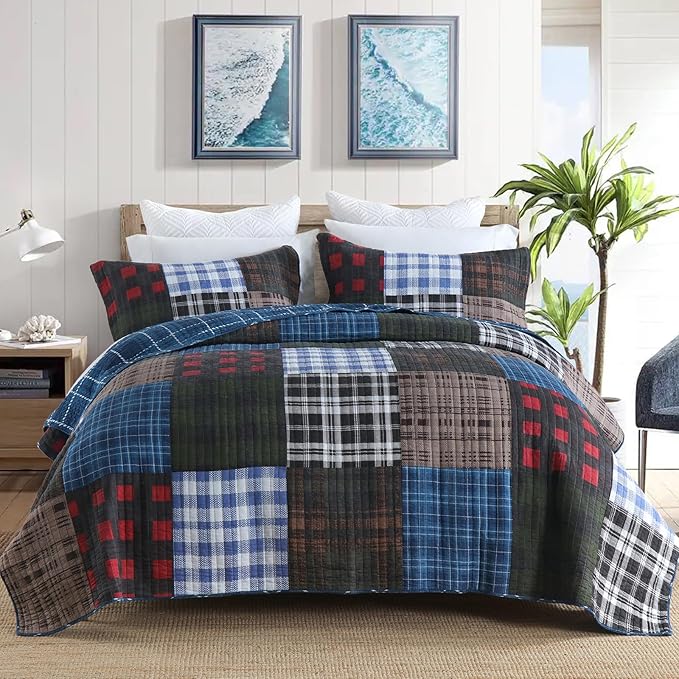 Quilt Set King Size, Cotton Patchwork Blue Black Checkered Patterns Quilt Sets, Reversible Bedspread Lightweight and Breathable for All Seasons, Soft Quilted Bedspread with 2 Pillow Shams