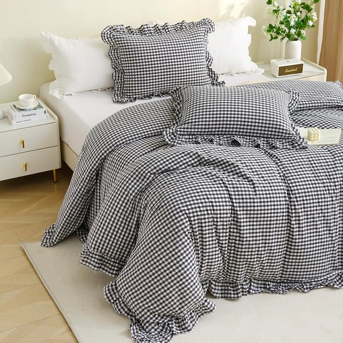 Silnuo Black/White Gingham Plaid Ruffle 3-Piece Duvet Cover Set King Size | 100% Washed Cotton Shabby Checkered Bedding Set Farmhouse Comforter Cover Set(King,Black/White)