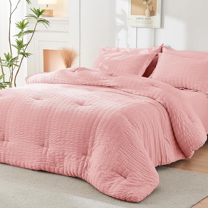 HYMOKEGE Rose Pink King Size Comforter Set Seersucker 7 Pieces, All Season Luxury Bed in a Bag for Bedroom, Bedding Set with Comforter, Sheets, Pillowcases & Shams
