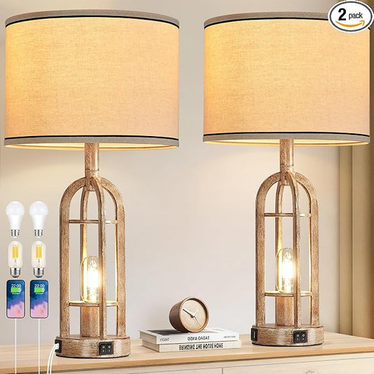 SRJJA Farmhouse Table Lamps for Living Room End Table Set of 2 - Rustic Bedside Lamps for Bedroom Nightstand with Night Light & USB A+C, Bulbs Included
