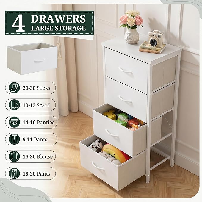 4 Drawers Dresser for Bedroom Fabric Storage Tower with Wooden Top | Steel Frame Tall Chest of Drawers for Closet, Entryway, Dorm, White