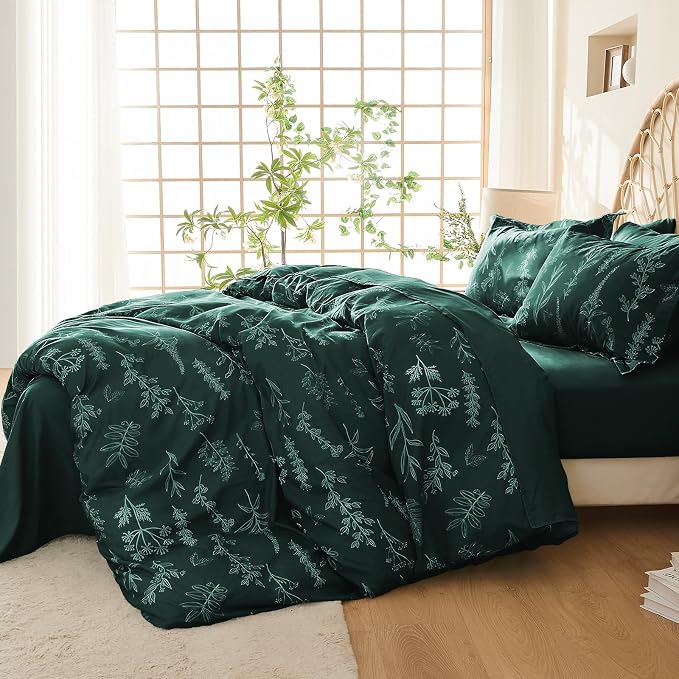 MUXHOMO Duvet Cover Twin/Twin XL Size Set, Reversible Floral Forest Green Duvet Cover with Zipper Closure, 2 Pieces Botanical Patterns Soft Microfiber Bedding Set with 4 Ties (68"x90", 1 Pillow Case)