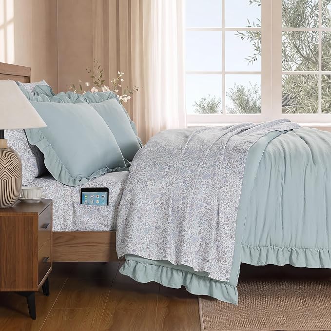Full Size Comforter Sets-7 Pieces Ruffle Bedding Floral Sheet | Blue Vine Bed in a Bag, Soft Lightweight All Season Farmhouse Full Size Bedding Sets with Floral Sheets, Pillowcases & Shams