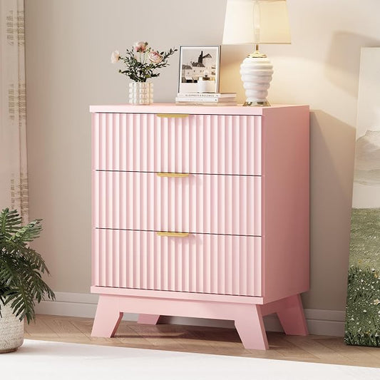 Xixini Fluted Dresser for Bedroom with 3 Drawers, 24" Wide Modern Chest of Drawers with Metal Handle, Wooden Dresser TV Stand, Wood Closet Clothes Storage Organizer for Living Room, Hallway, Pink