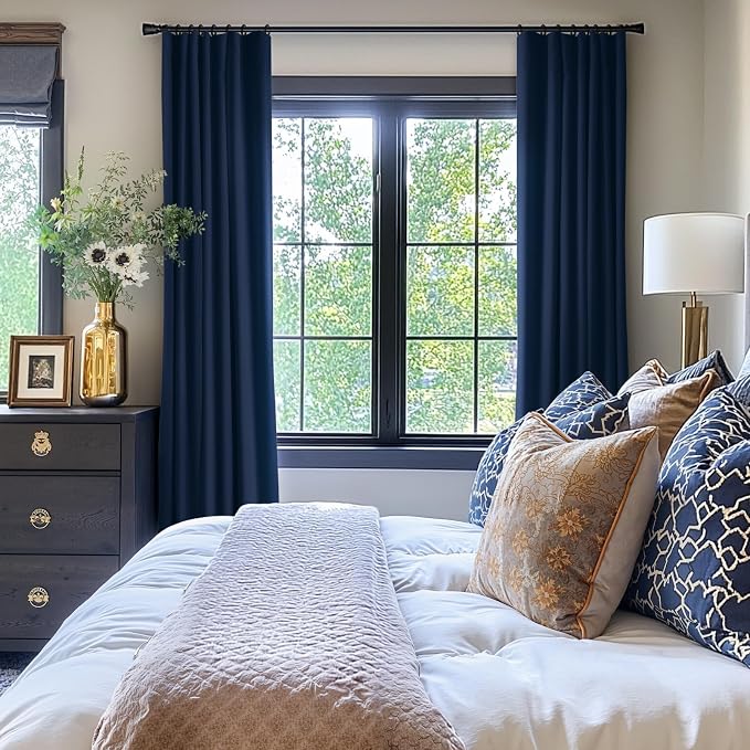 INOVADAY 100% Blackout Curtains for Bedroom Black Out Curtains 80 Inch Long | Midnight Blue Living Room Curtains 2 Panels, Clip Rings Linen Look Blackout Drapes, Thermal Insulated Room Darkening,W50xL80