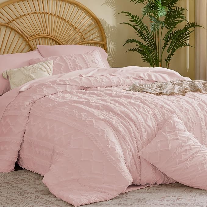 BEDELITE Queen Comforter Set 7 Pieces,Boho Bed in a Bag,Pink | Tufted Bed Set for All Seasons,Soft Farmhouse-Style Embroidery Bedding,Includes Flat & Fitted Sheets,2 Pillowcases & 2 Shams