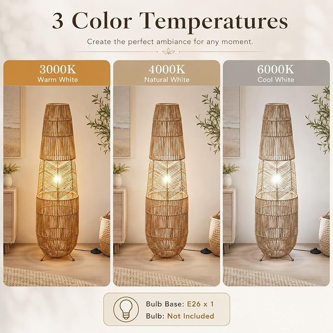 Hand Woven Rattan Floor Lamp,Boho Standing Lamps for Living Room | Handcrafted Wicker Shade,No Assembly Required,Unique Shadow Effects,Foot Switch Control,36 Inch Tall,3 Color Temperature
