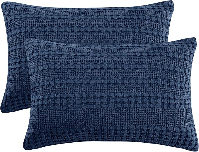 PHF 100% Cotton Waffle Pillow Shams King Size, 2 Pack 20" x 36" Soft Skin-Friendly Pillowcases, No Filling, Aesthetic Woven and Breathable Waffle Weave Pillow Case Covers for Bed, Blue Sapphire