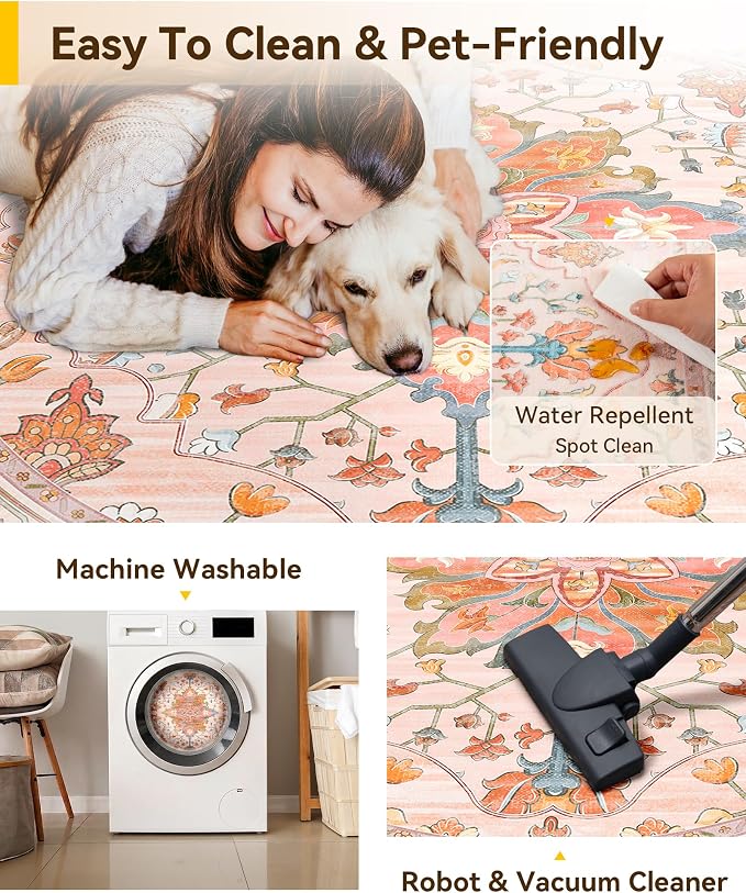 RELEANY Washable Area Rug, Round 4ft, Pink/Light Pink/Colorful | Non-Slip, Water Repellent, Pet Friendly, Easy to Clean, Vintage Floral Boho Decor for Living Room Bedroom Dining Room Entry