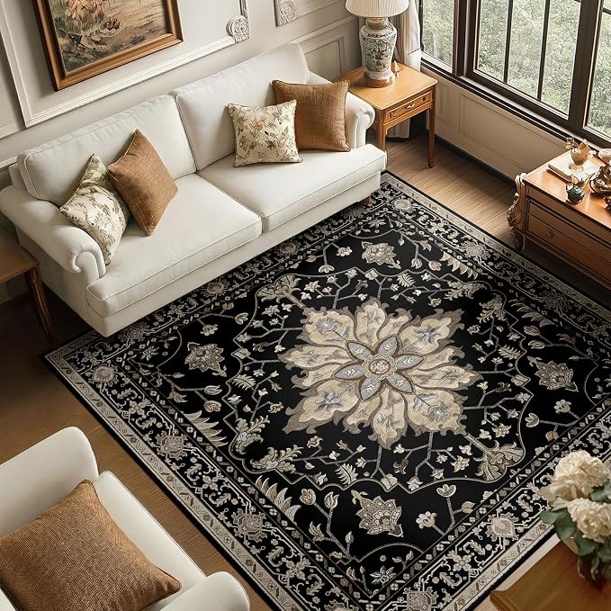 RELEANY Washable Area Rug, Square 6'x6', Black/Neutral | Non-Slip, Water Repellent, Pet Friendly, Easy to Clean, Vintage Floral Boho Decor for Living Room Bedroom Dining Room Office