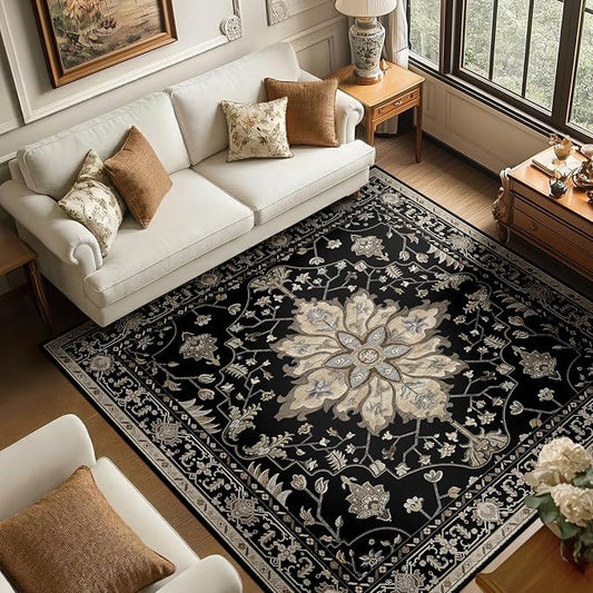 RELEANY Washable Area Rug, Square 6'x6', Black/Neutral | Non-Slip, Water Repellent, Pet Friendly, Easy to Clean, Vintage Floral Boho Decor for Living Room Bedroom Dining Room Office