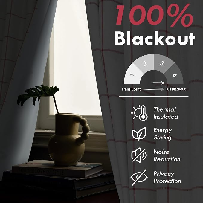 DriftAway 100% Blackout Plaid Linen Curtains 90 Inches Long 2 Panels Red | 100% Blackout, Linen Texture, Plaid Pattern, Two Layers, Rod Pocket & Back Tab, Bedroom Living Room Use, Luxury Appearance