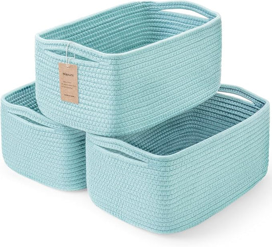 3 Pack Small Storage Baskets for Organizing, 11.8×7.8×5.1", Light Blue | Woven Baskets for shelves, Cotton Rope Basket for Gifts Empty, Closet Organizer Bins with Handles, Cube Decorative Box