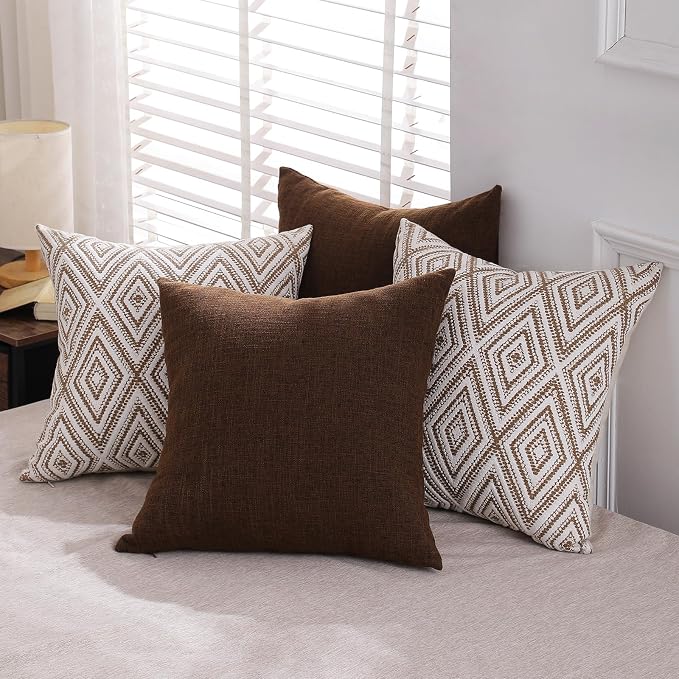 HPUK Throw Pillow Covers 18x18, Set of 4, Chocolate Couch Pillow Covers | Polyester fabric, patterned and solid designs, hidden zippers, machine washable, for sofas and beds, inserts not included