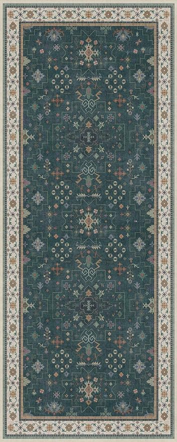 Dark Green 2x5 Kitchen Rug - Modern Vintage Boho Eclectic Floral Pastel, Washable Low Pile Non-Slip Small Runner Rugs for Entryway Door Mat Indoor Entrance, Bedroom, Hallway