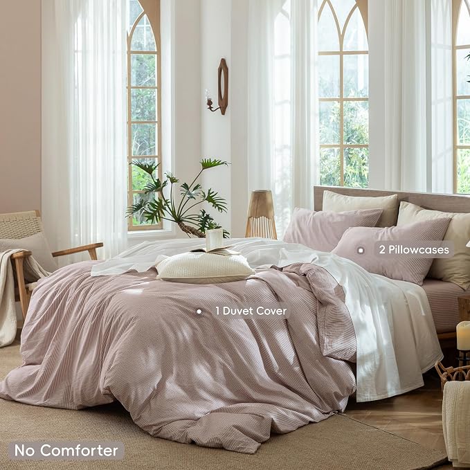 MooMee Striped Duvet Cover Set 100% Washed Cotton Linen Like Queen | Relaxed Linen-like Texture. Soft, Breathable & Long-lasting Comfort. Lightweight. Hidden Zipper with 8 Interior Corner Ties