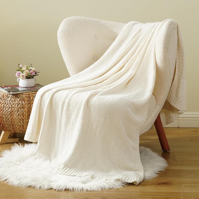 Chenille Throw Blanket for Couch, Knit Throw Blanket 51"x67", Ivory White | Shiny White Chenille Blanket, Neutral Throw Blanket, Soft Midweight Knitted Blanket for Sofa Bed Home Decor