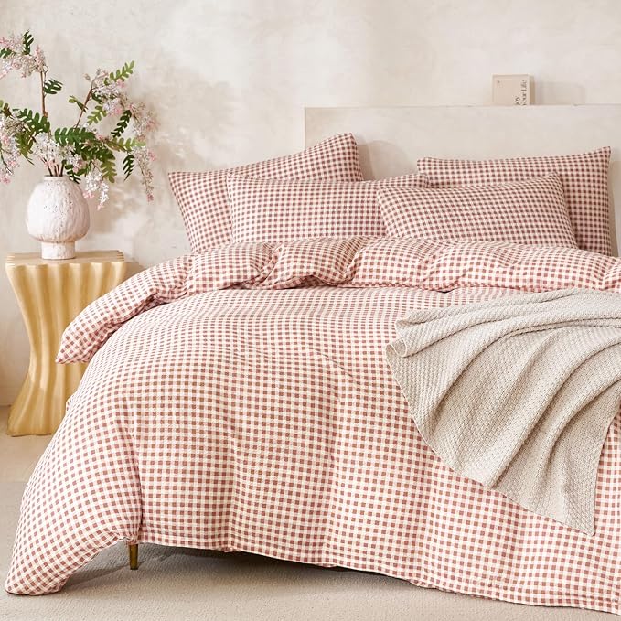 Brown Comforter Set King Soft Luxury Washed Microfiber 3 Pieces Bedding, White Brown Grid Pattern Comforter with 2 Pillowcases Breathable Durable Comfy