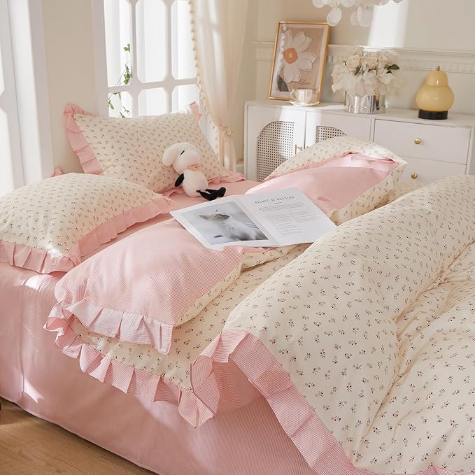 mixinni Pink Floral Duvet Cover Set Full Size – 100% Cotton Ruffle Lace Bedding, Romantic Blushing Flower Print, Reversible Striped Pattern, Cottagecore Soft Aesthetic Princess Bedding for Girls
