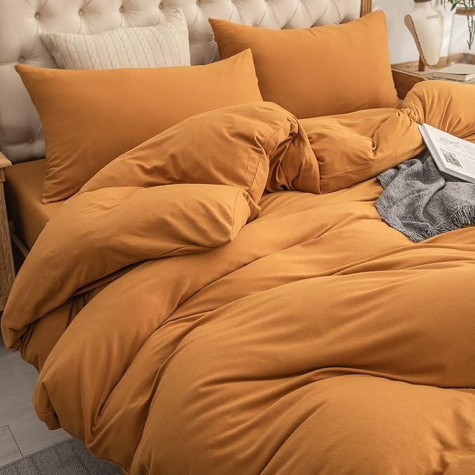 PURE ERA Jersey Knit Sheet Set Solid Burnt Orange California King | 100% Cotton, 3 Piece Set, T Shirt Soft, Breathable, Envelope Closure Pillowcases, Hidden Zipper, 8 Ties, No Insert, Modern