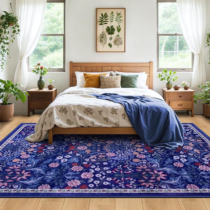 PLHXFR Area Rug 10x14 Living Room: Floral Washable Boho Soft Carpet Blue | For Bedroom Dining Room Farmhouse Nursery Hallway,Vintage Floral,Machine washable,Non Slip,Stain Resistant,Large Indoor
